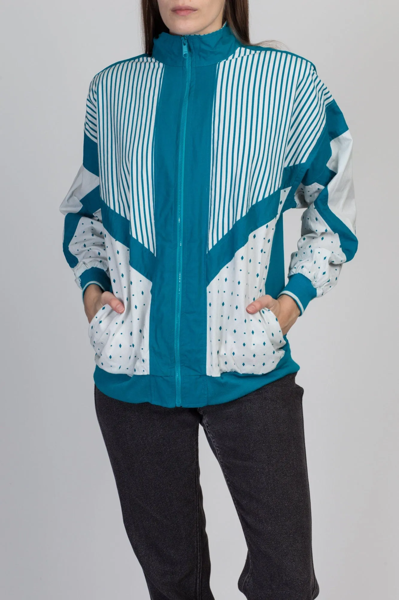 80s Teal Striped Windbreaker - Medium