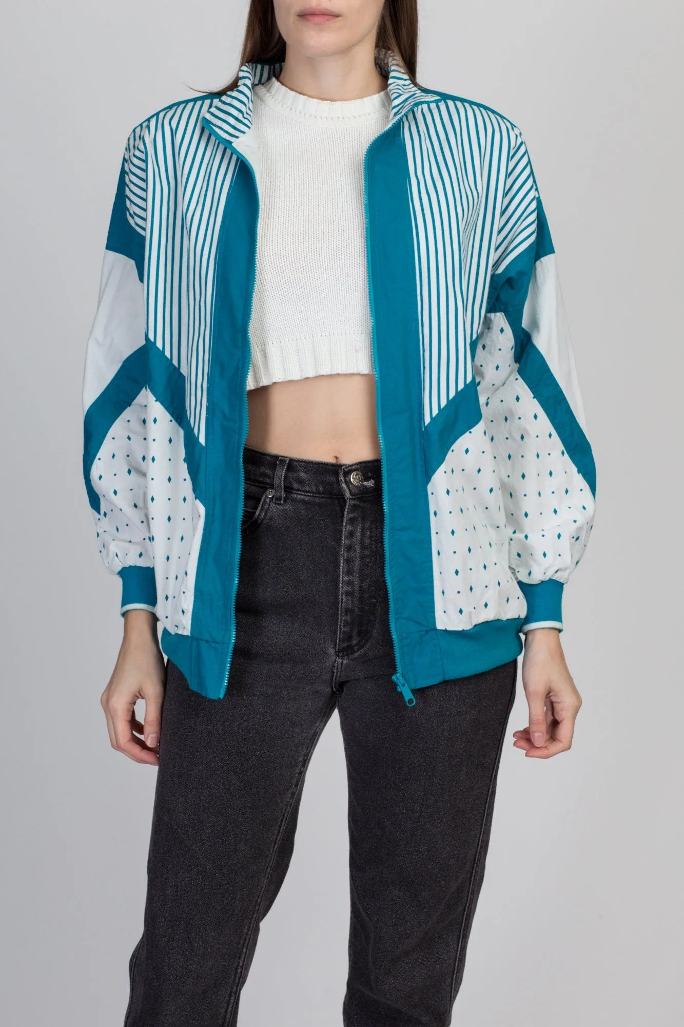 80s Teal Striped Windbreaker - Medium