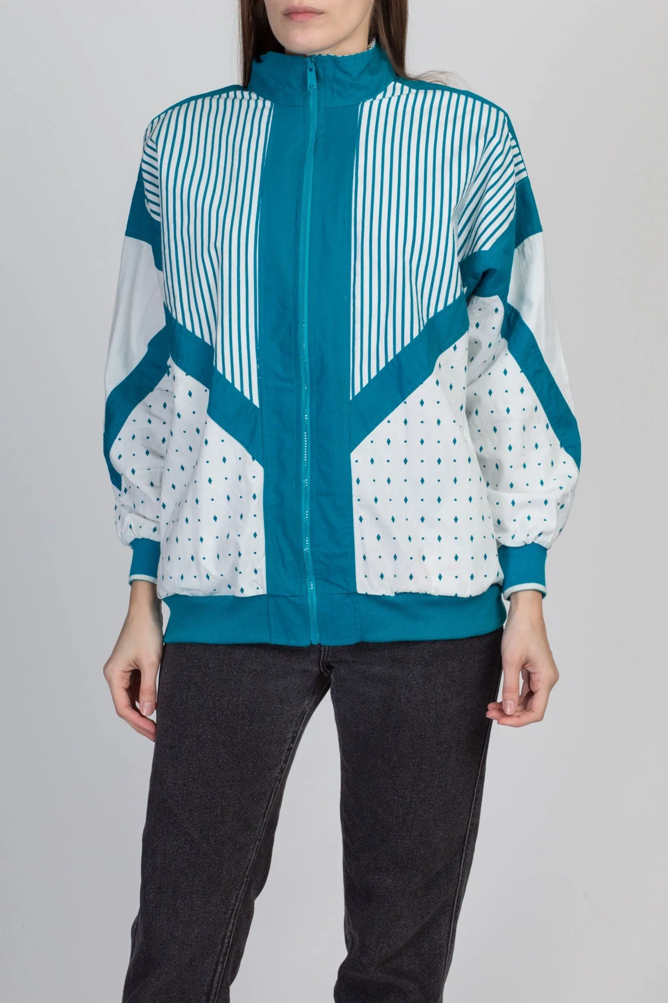 80s Teal Striped Windbreaker - Medium
