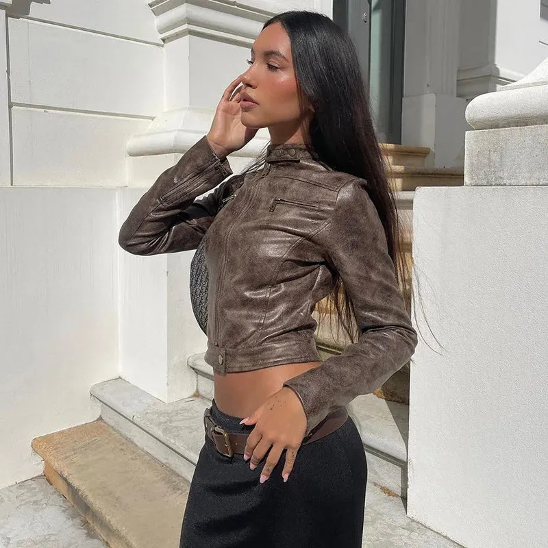Advbridge  Women's Jacket Fashion Hipster Maillard Does Old Retro Spice Biker Leather Short Fall Casual Streetwear Y2k Outerwear