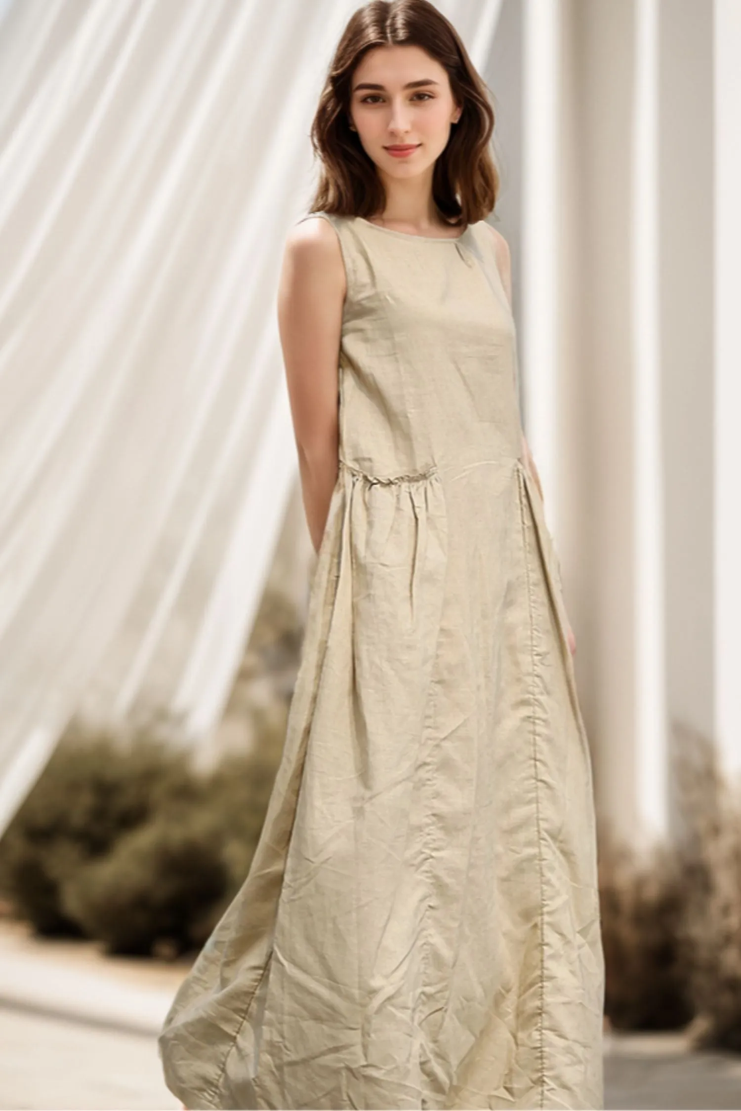 Beige Loose-Fitting Sleeveless Summer dress C259