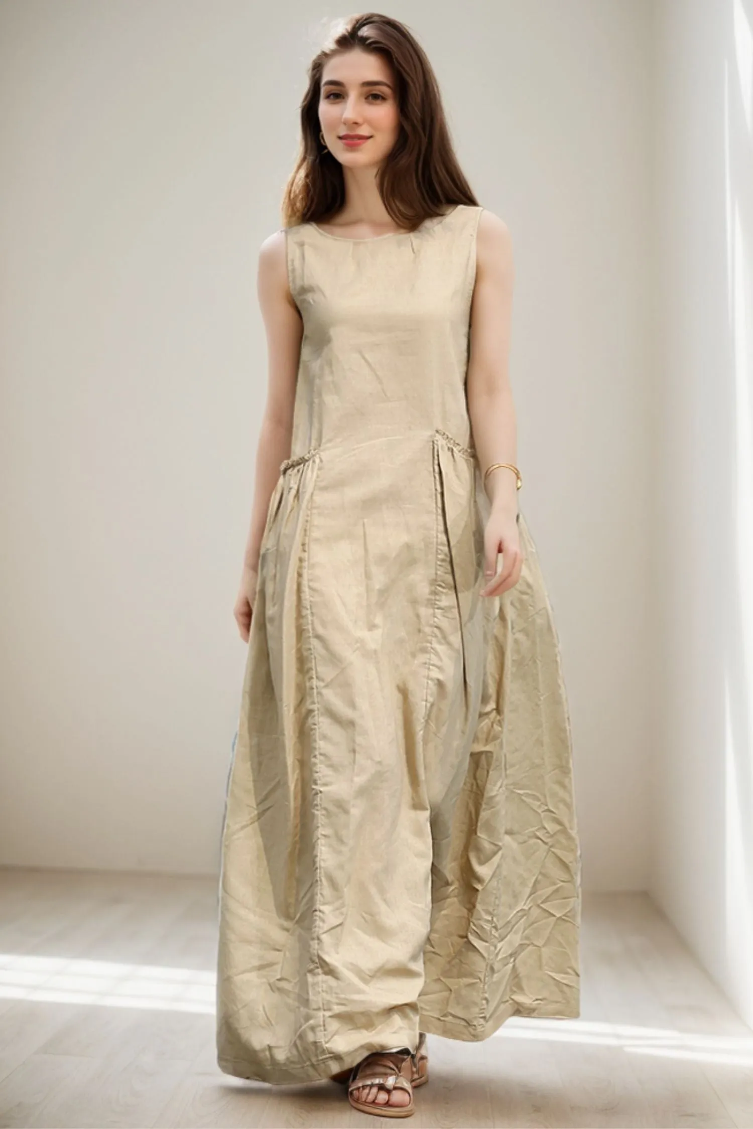 Beige Loose-Fitting Sleeveless Summer dress C259