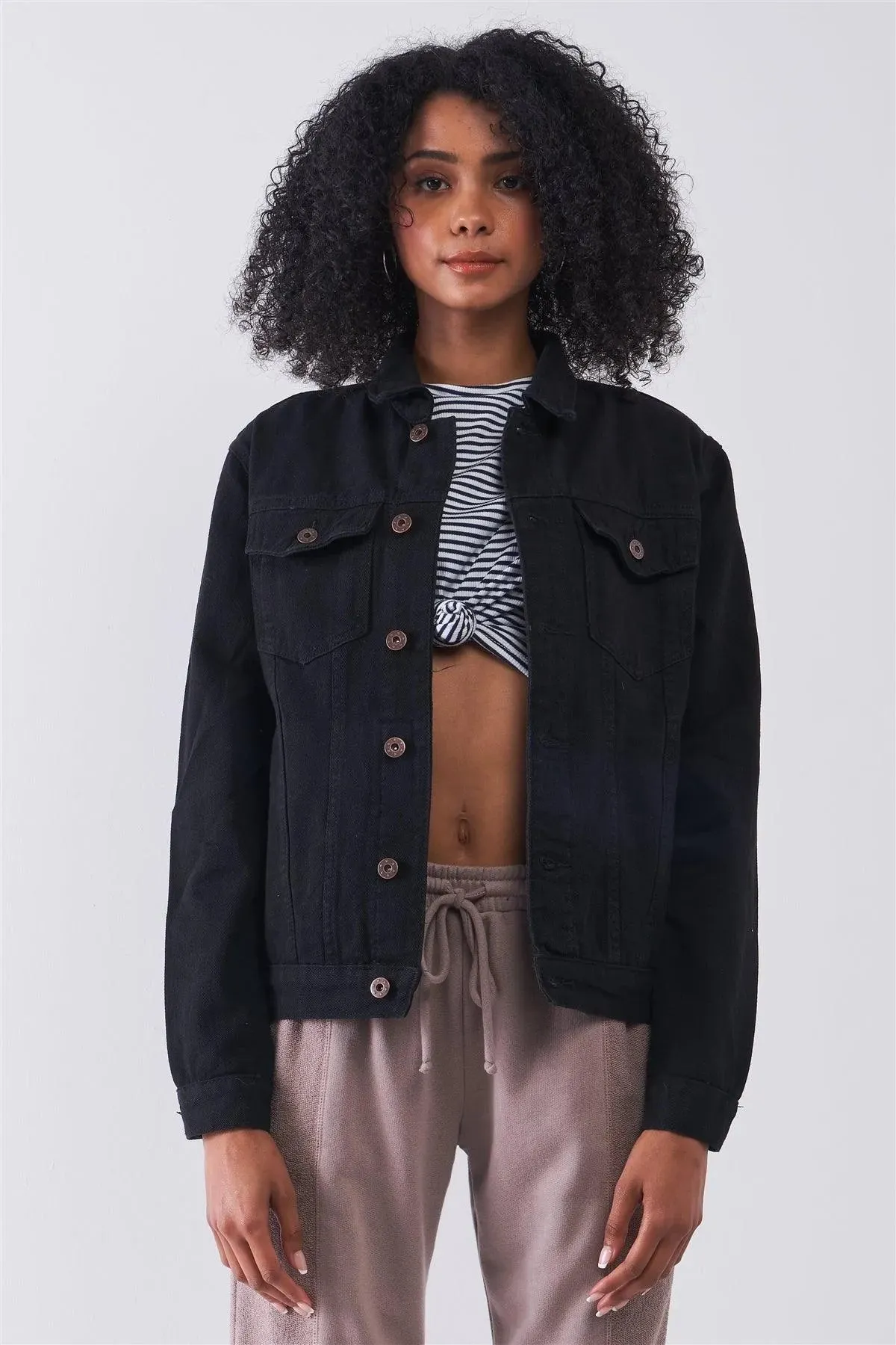 Black Oversized Long Sleeve Classic Denim Jacket /1-2-3-3-2