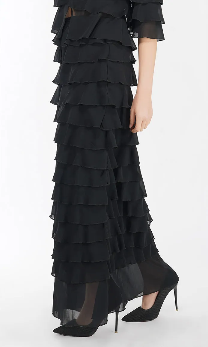 Black Ruffled Center Slit Skirt