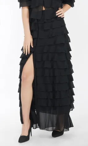 Black Ruffled Center Slit Skirt