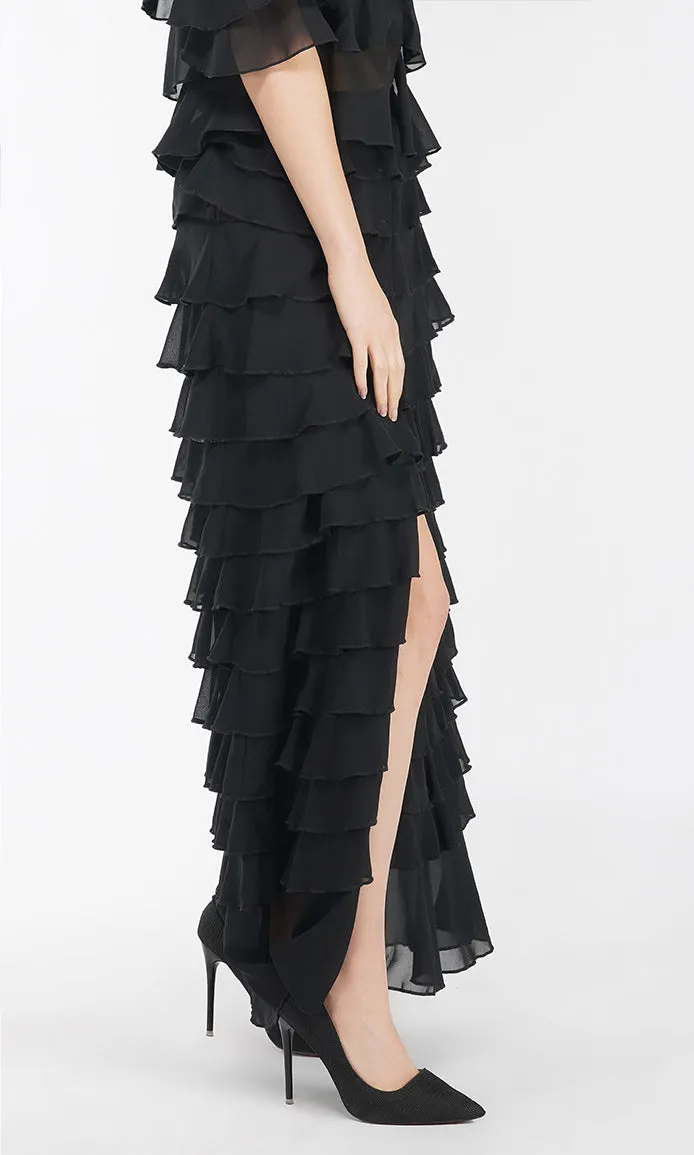 Black Ruffled Center Slit Skirt
