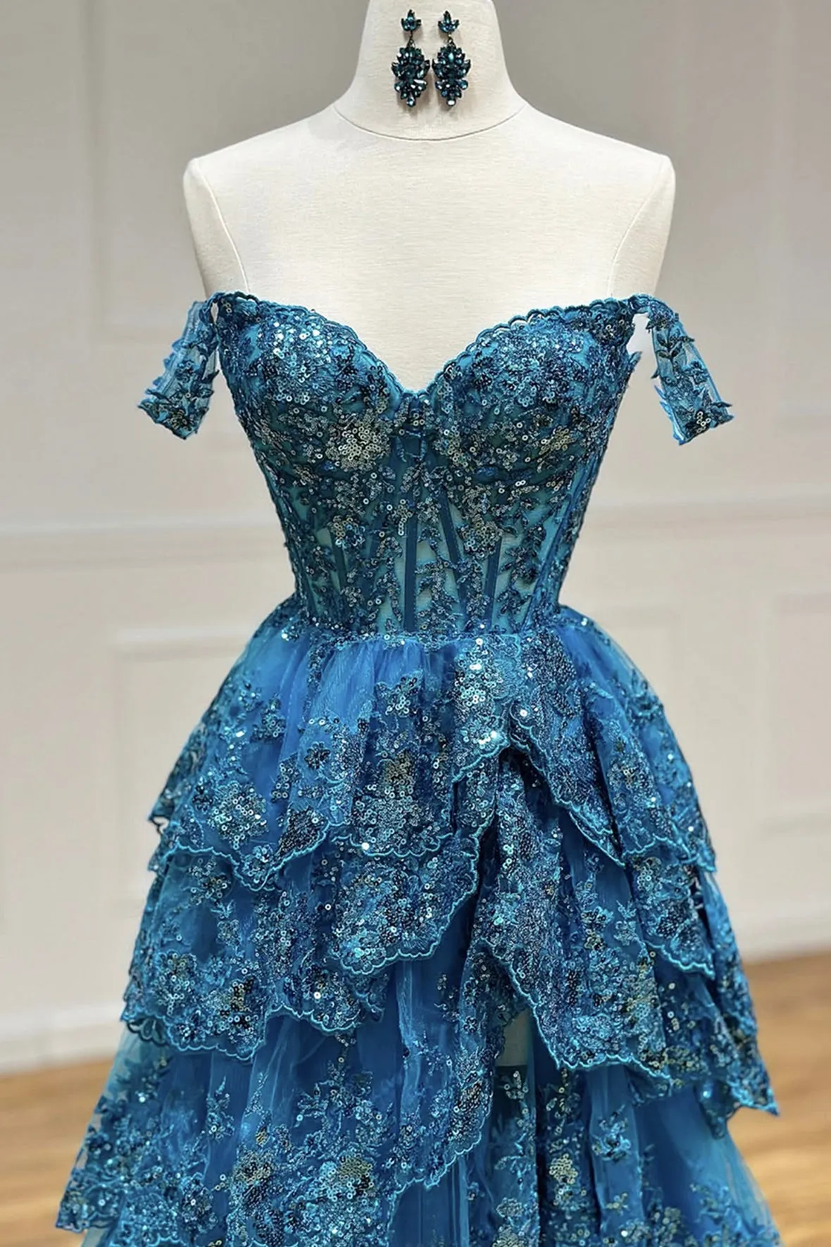 Blue Tulle Sequins Long Prom Dress, Off the Shoulder Evening Party Dress