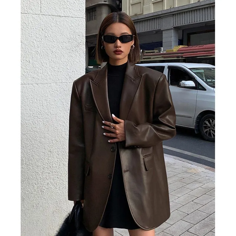 Bonnyshow frat outfits Women's Leather Suit Jacket 2024 Autumn and Winter Advanced Texture Loose PU Leather Suit