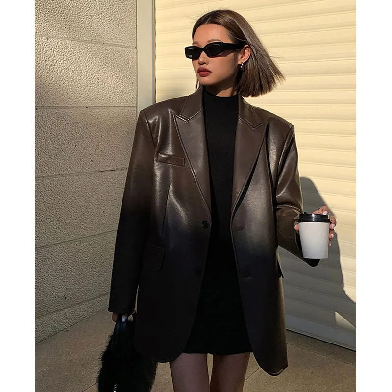 Bonnyshow frat outfits Women's Leather Suit Jacket 2024 Autumn and Winter Advanced Texture Loose PU Leather Suit