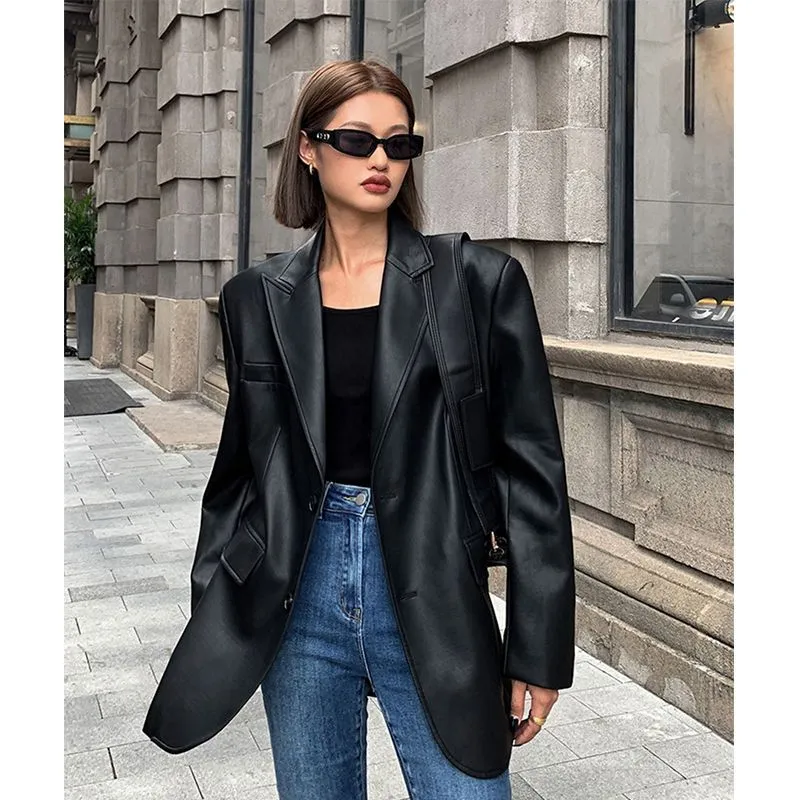 Bonnyshow frat outfits Women's Leather Suit Jacket 2024 Autumn and Winter Advanced Texture Loose PU Leather Suit