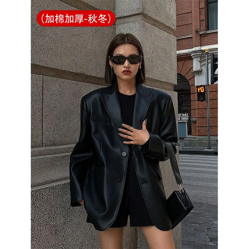 Bonnyshow frat outfits Women's Leather Suit Jacket 2024 Autumn and Winter Advanced Texture Loose PU Leather Suit