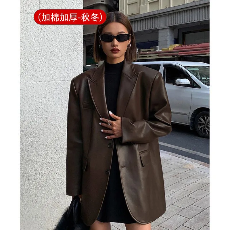 Bonnyshow frat outfits Women's Leather Suit Jacket 2024 Autumn and Winter Advanced Texture Loose PU Leather Suit