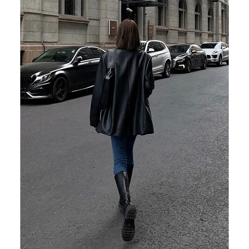 Bonnyshow frat outfits Women's Leather Suit Jacket 2024 Autumn and Winter Advanced Texture Loose PU Leather Suit