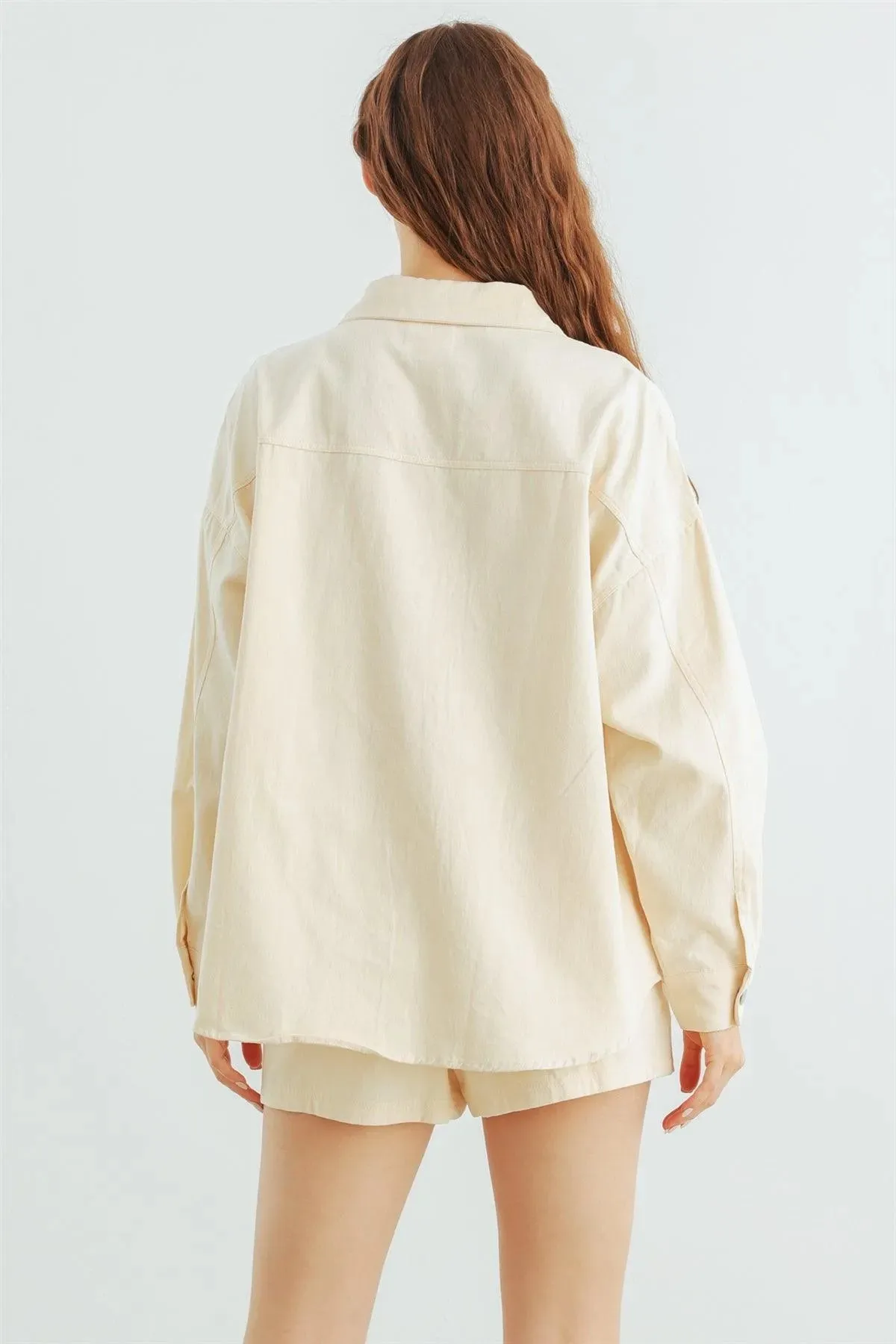 Cream Cotton Button-Up Collared Neck Jacket & High Waist Shorts Set /1-2-2-1