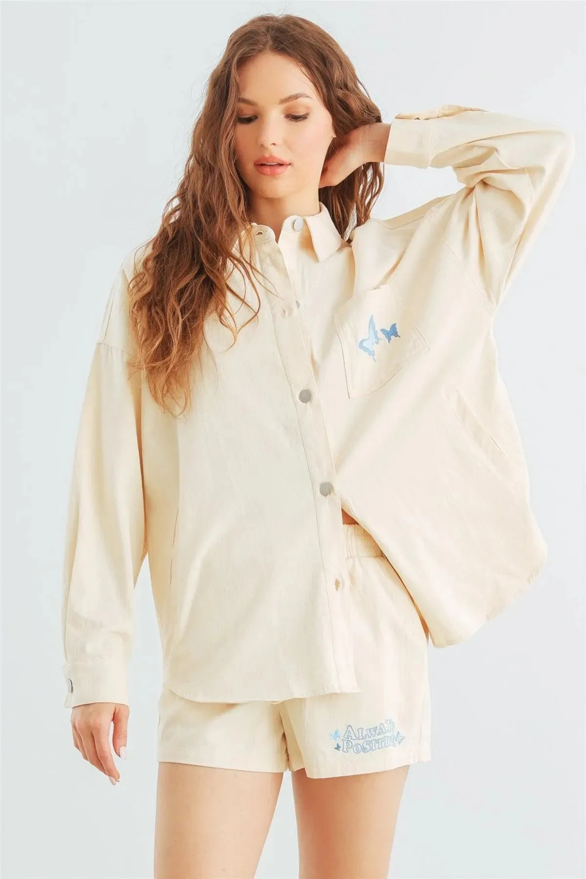 Cream Cotton Button-Up Collared Neck Jacket & High Waist Shorts Set /1-2-2-1