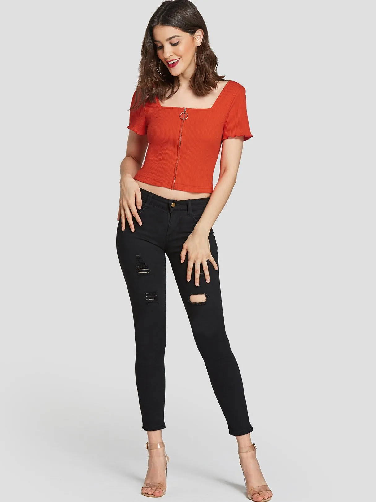 Custom Square Neck Plain Zip Back Short Sleeve Orange Crop Top