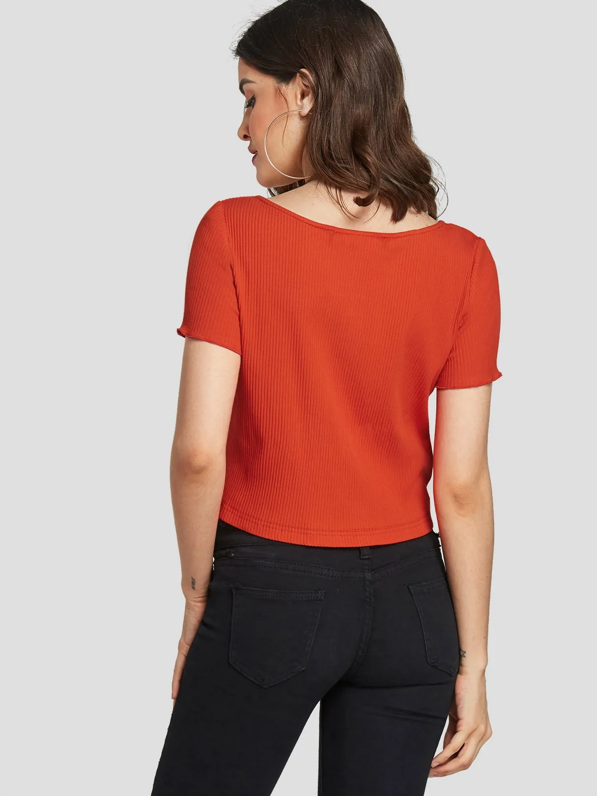 Custom Square Neck Plain Zip Back Short Sleeve Orange Crop Top
