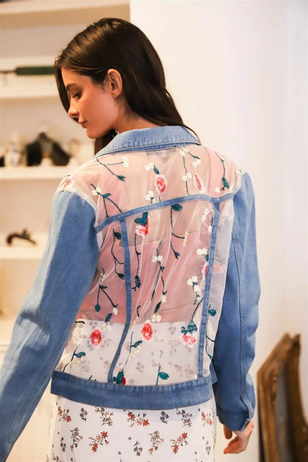 Denim Sheer Cut Multi Color Floral Embroidery Jacket /1-3-1
