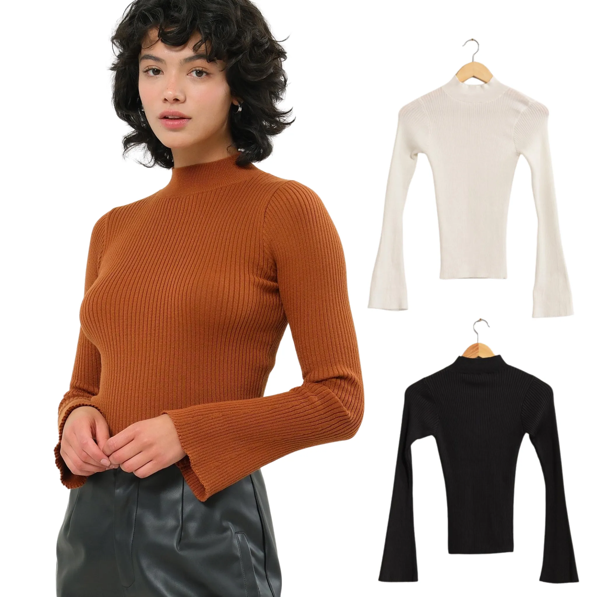 Flared Sleeve Ribbed Top