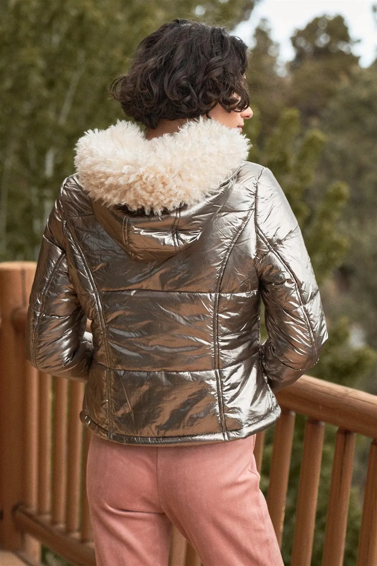 Gunmetal Long Sleeve Fuzzy Faux Fur Hood Padded Jacket /1-1-1-1