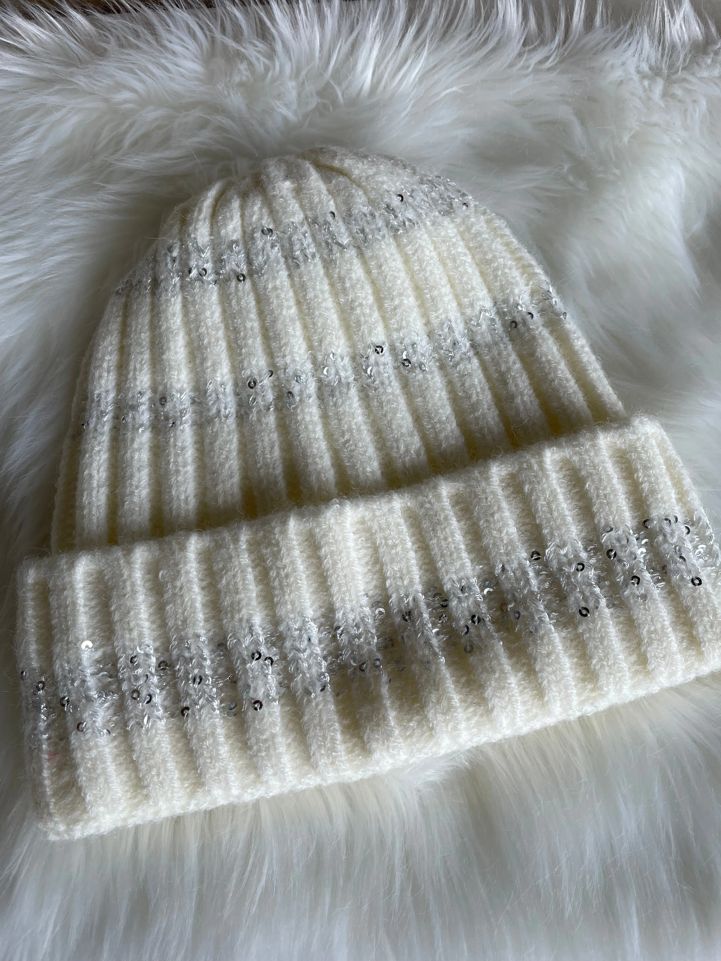 Ivory & Sequins Cuff Beanie