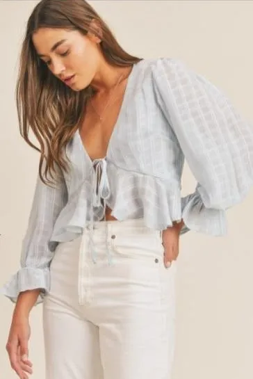 Karyn Soft Blue Plaid Ruffle Blouse