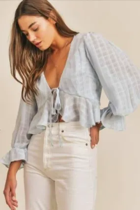 Karyn Soft Blue Plaid Ruffle Blouse