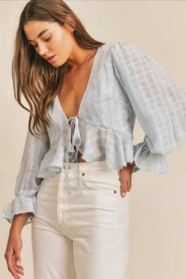 Karyn Soft Blue Plaid Ruffle Blouse
