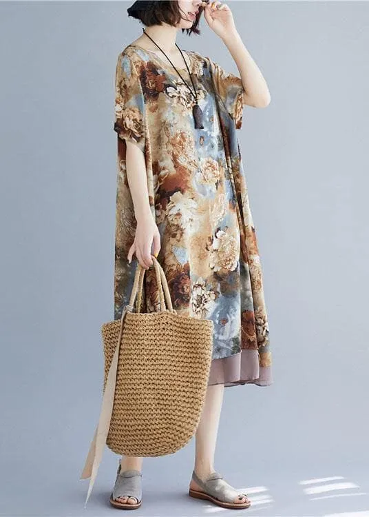 Loose floral clothes o neck short sleeve loose Dress