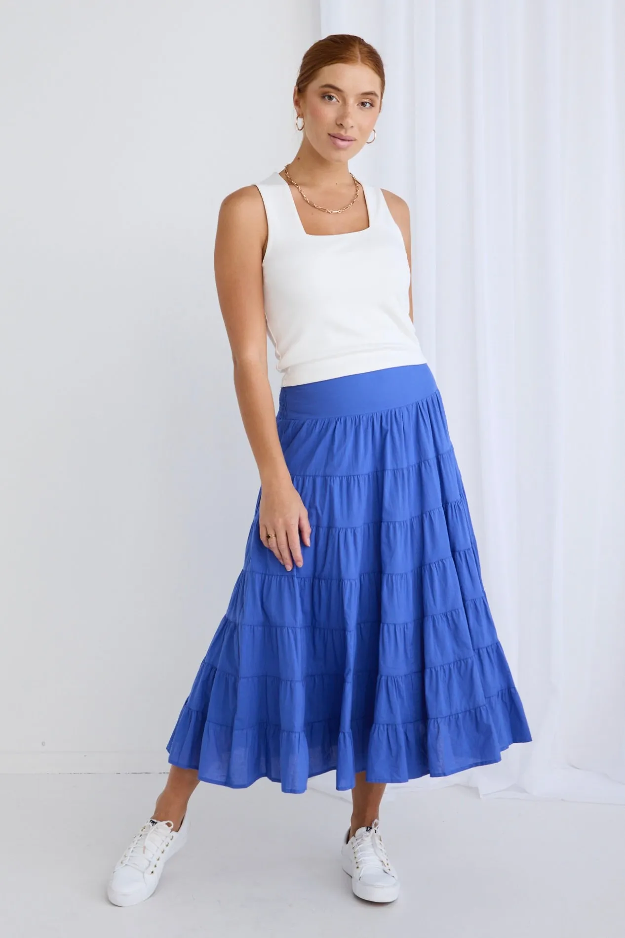 Lyrical Electric Blue Cotton Voile Multi Tiered Maxi Skirt