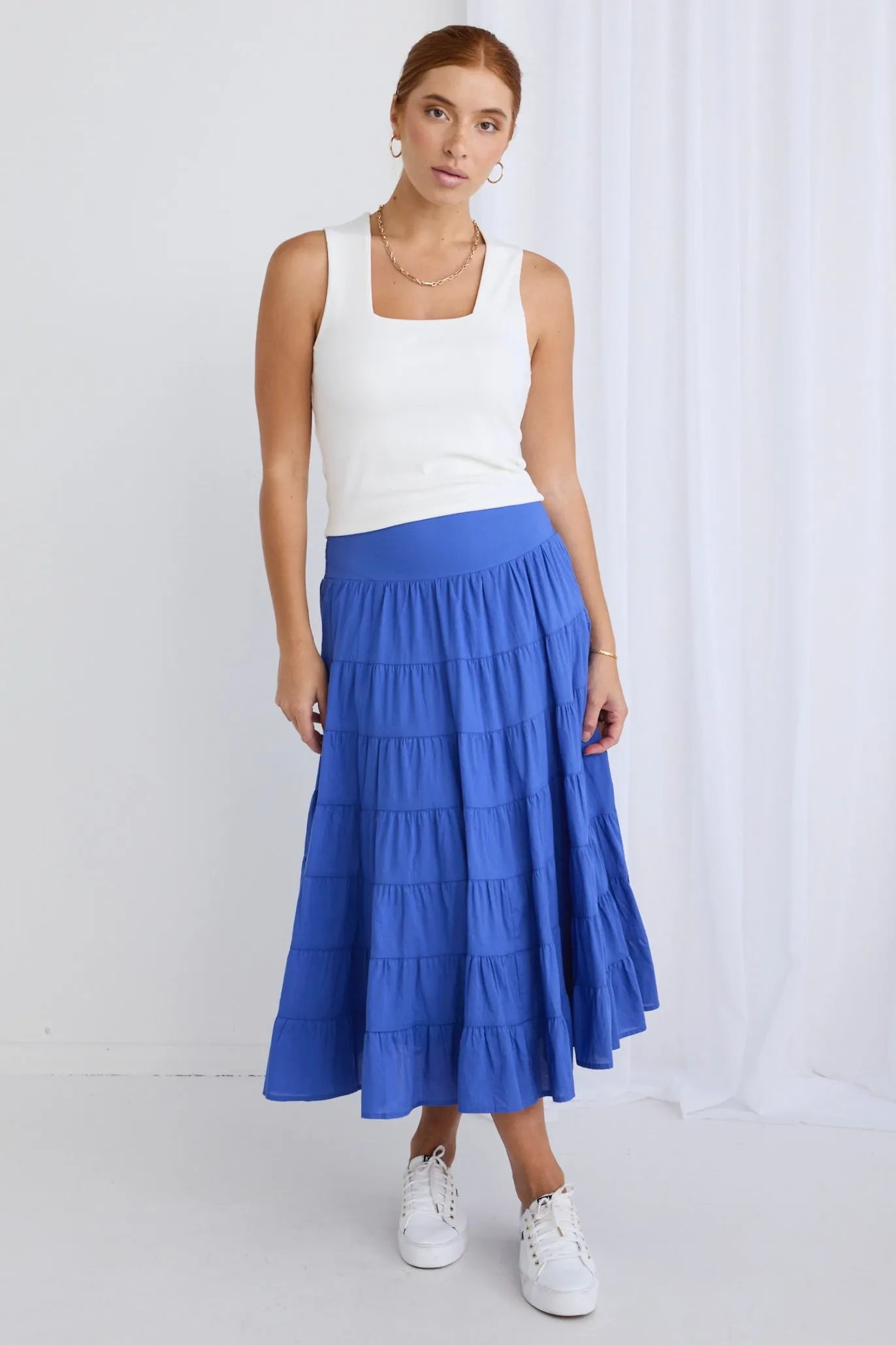Lyrical Electric Blue Cotton Voile Multi Tiered Maxi Skirt