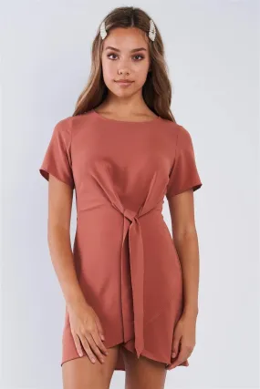Mauve Short Sleeve Knotted Crew Neck Chic Mini Dress