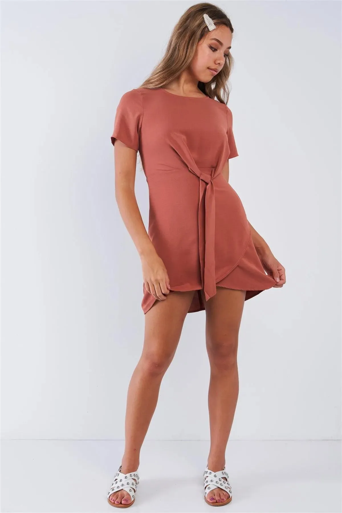 Mauve Short Sleeve Knotted Crew Neck Chic Mini Dress