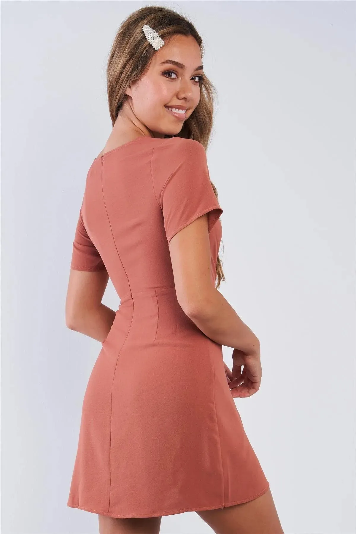 Mauve Short Sleeve Knotted Crew Neck Chic Mini Dress