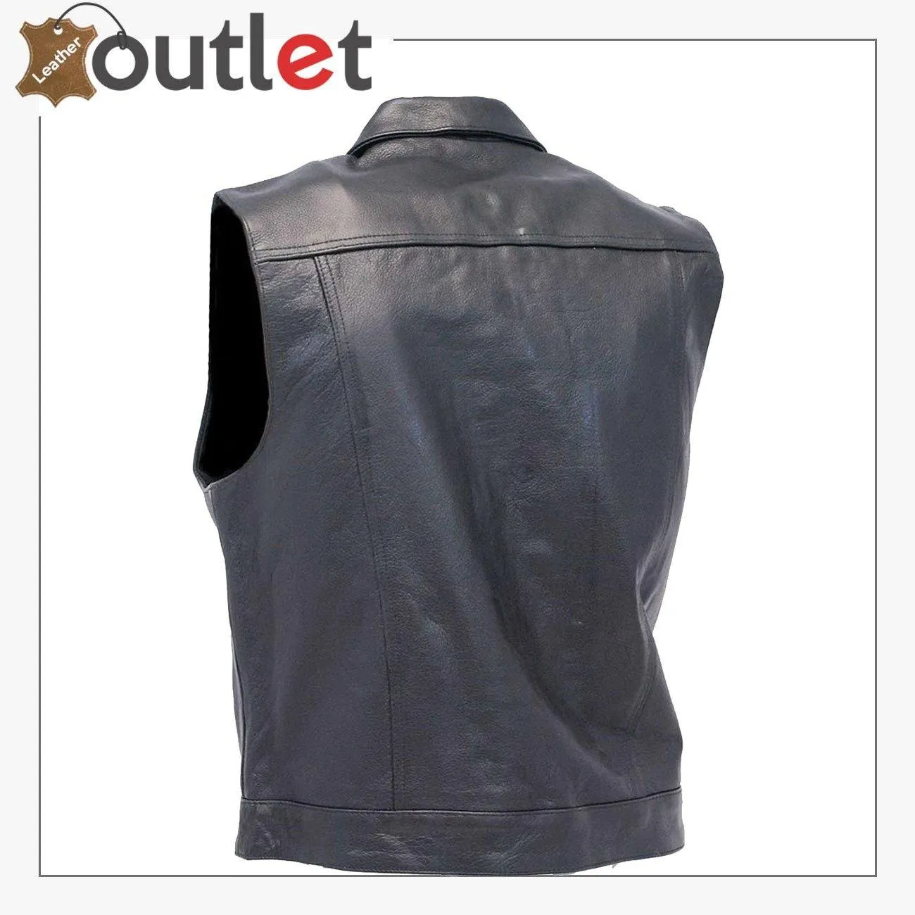 Men's Classic Black Leather Collar Style Motorcycle Vest