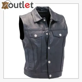 Men's Classic Black Leather Collar Style Motorcycle Vest