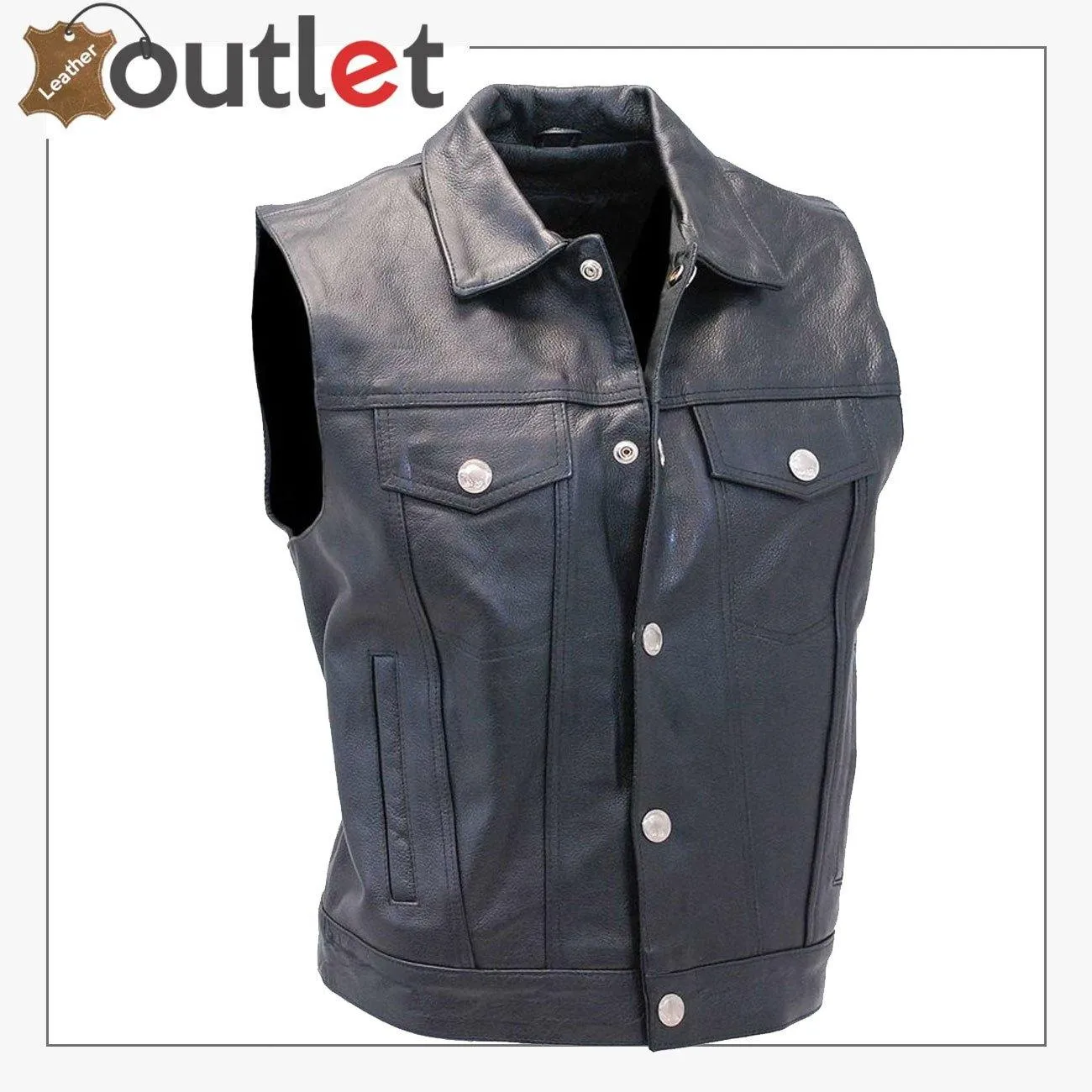 Men's Classic Black Leather Collar Style Motorcycle Vest