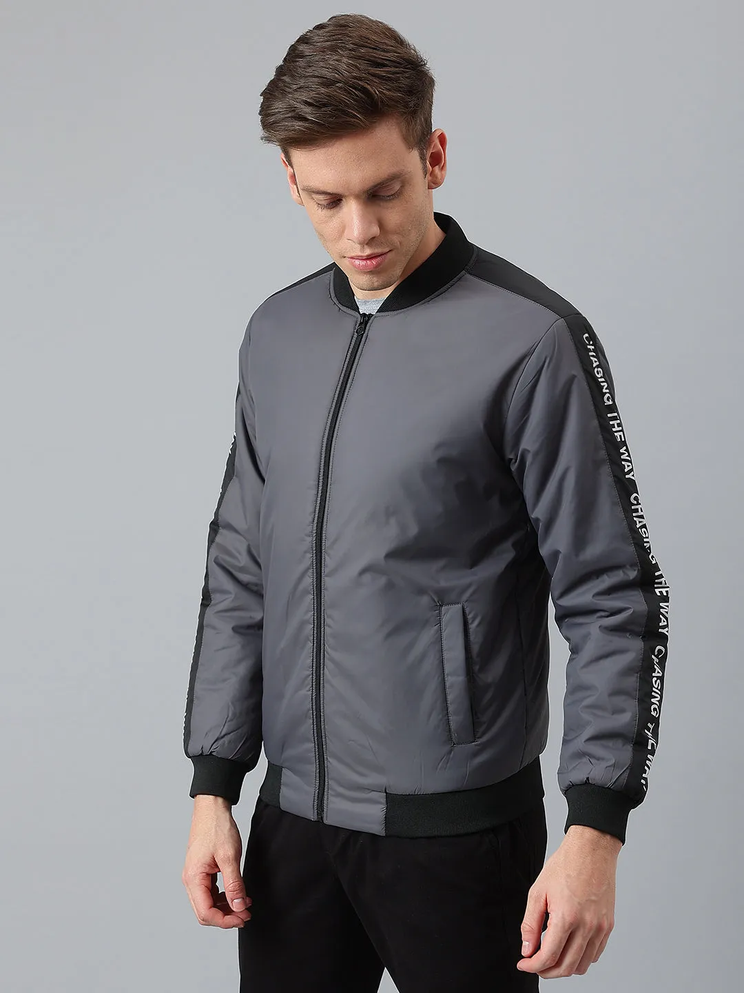 Men's Dark Grey Regular Fit Winterwear Bomber Jacket