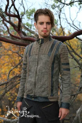 Mens Jacket - Small, Brown, Steampunk, Hipster, Screen printed, Burning Man, Zip Up Front, Leather detail, Mens Clothing, Moto Jacket
