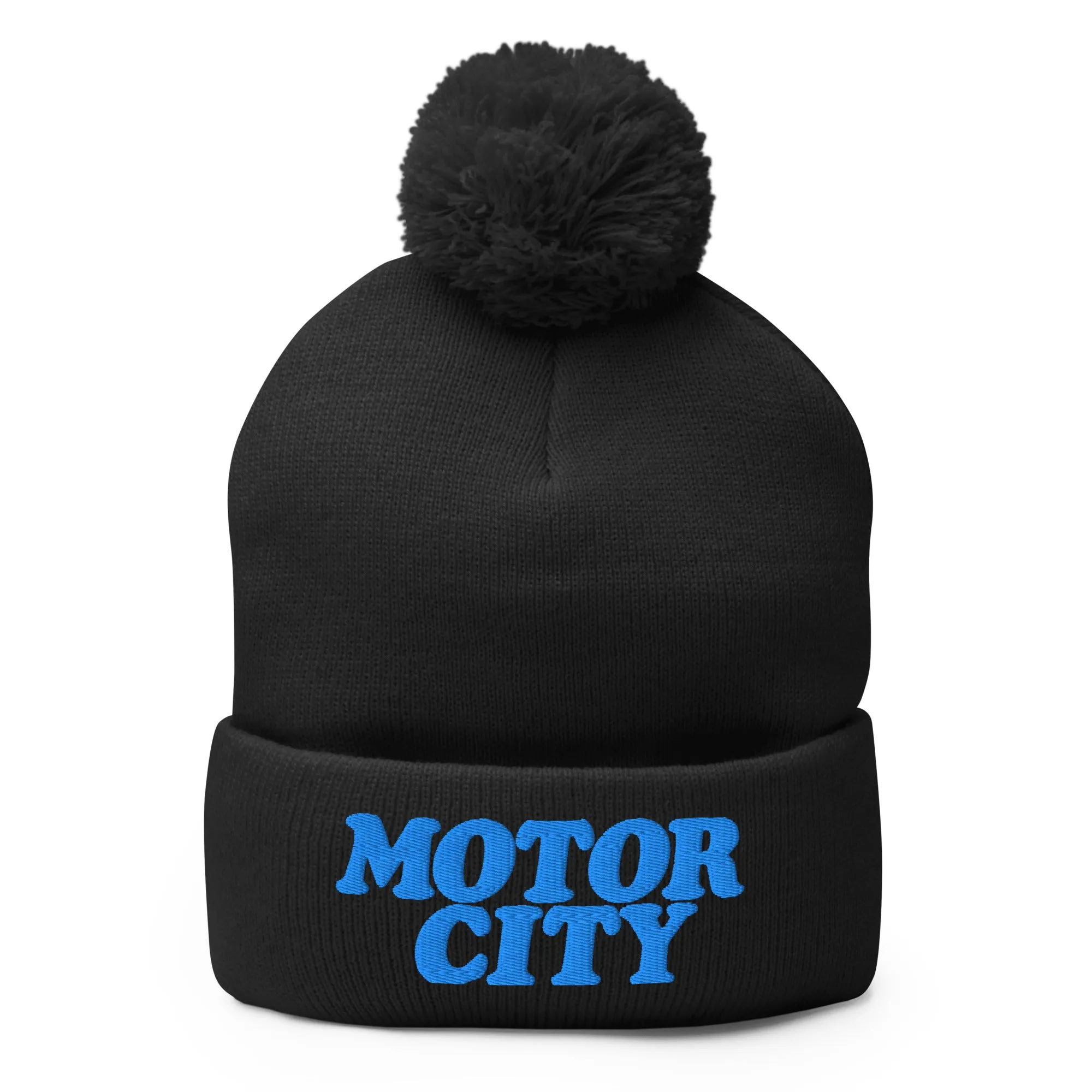 Motor City Embroidered Pom-Pom Beanie - Black / Blue