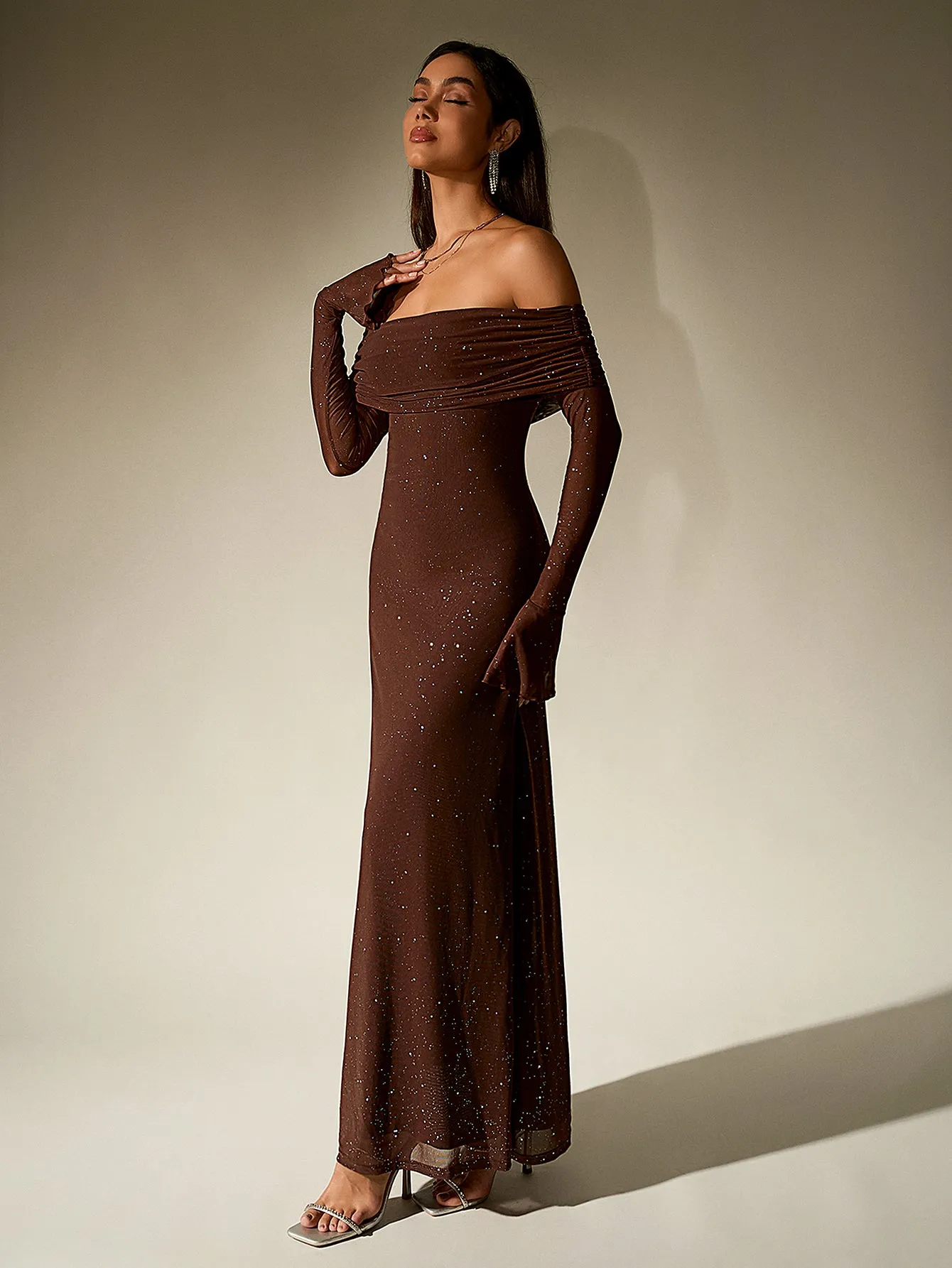 Off Shoulder Flounce Sleeve Mesh Sequin Dress