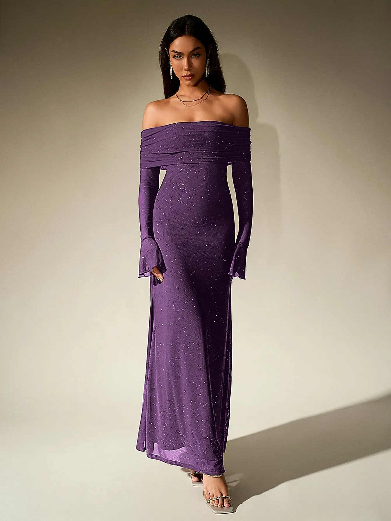 Off Shoulder Flounce Sleeve Mesh Sequin Dress