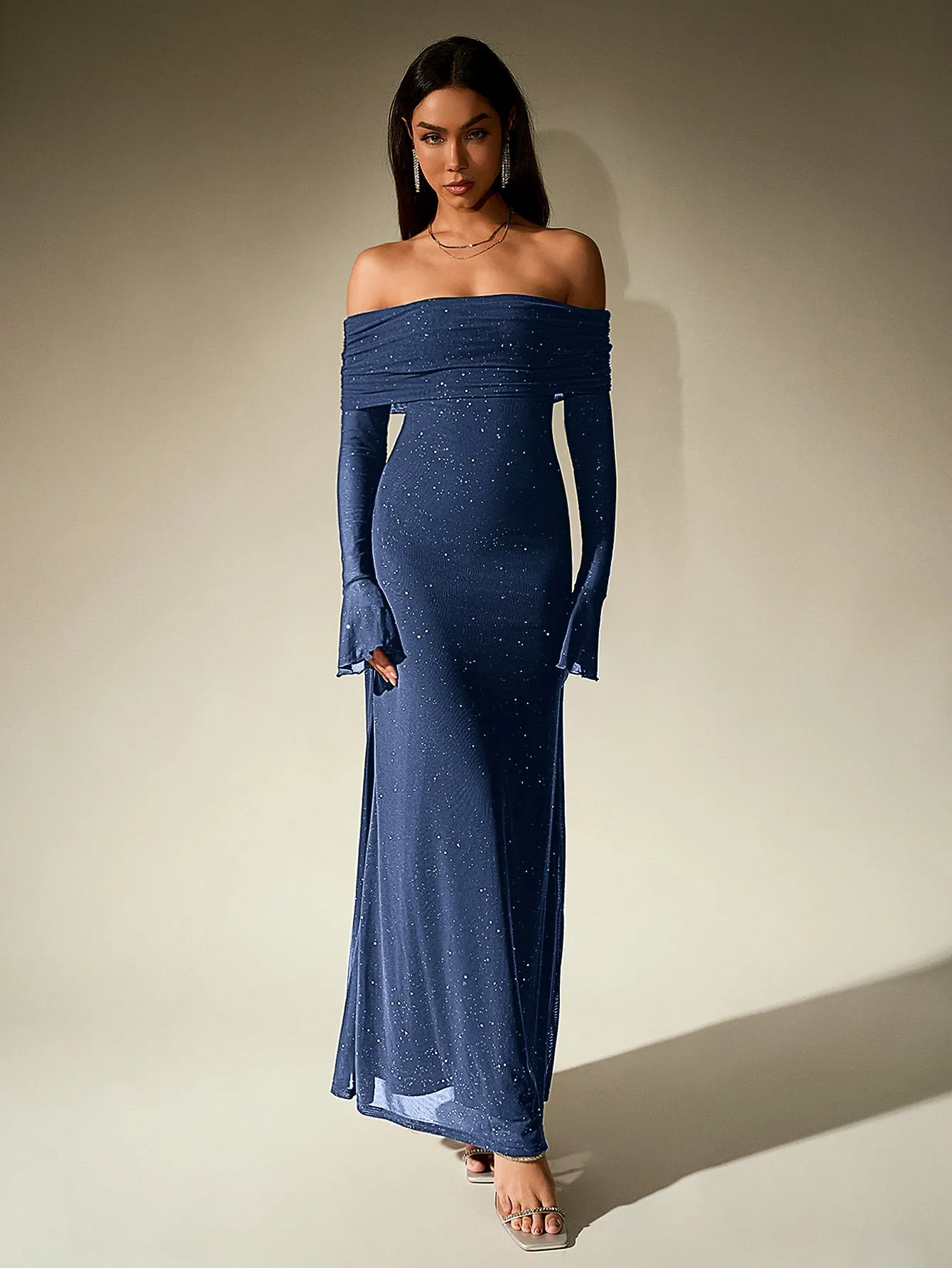 Off Shoulder Flounce Sleeve Mesh Sequin Dress