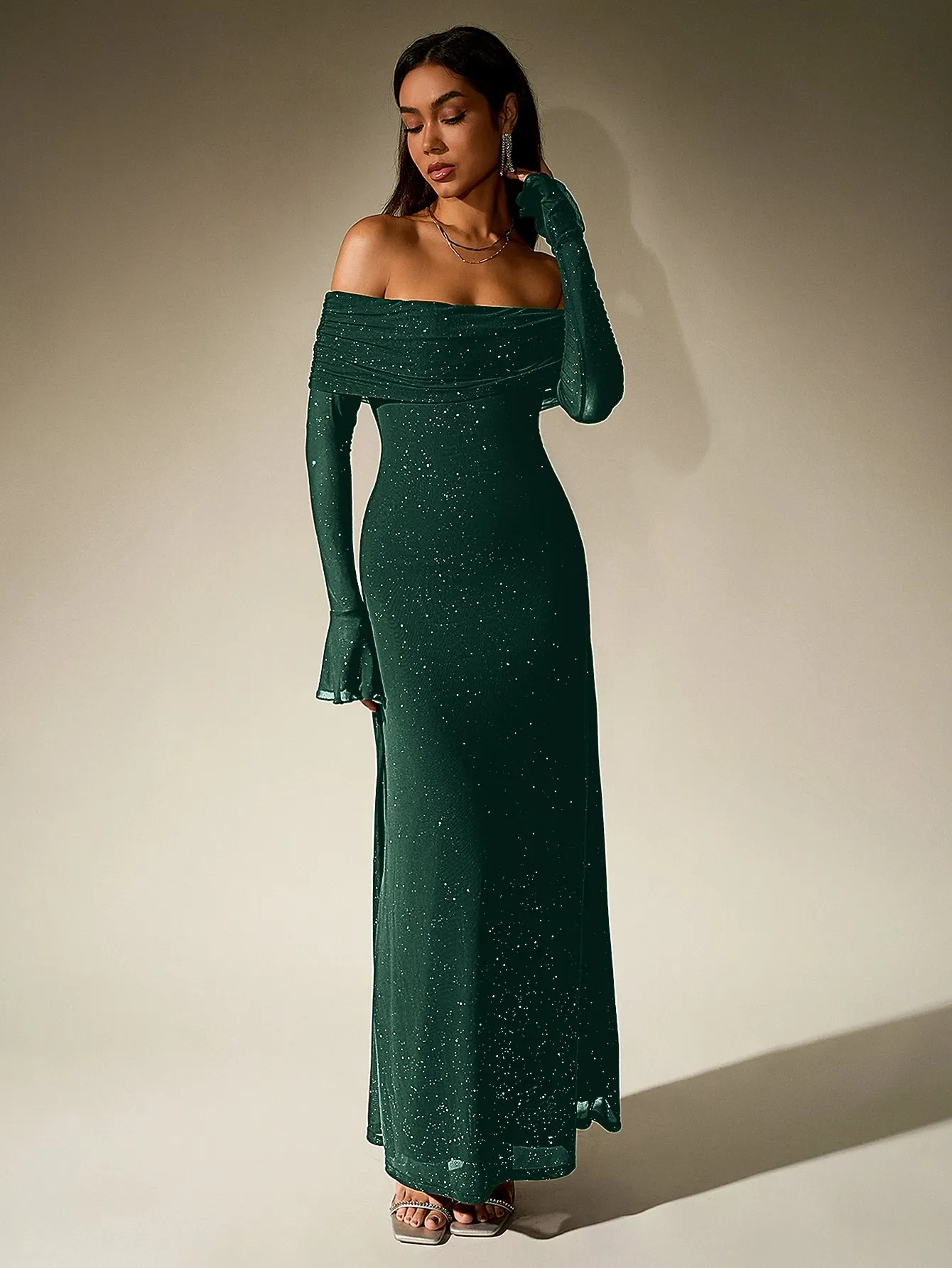 Off Shoulder Flounce Sleeve Mesh Sequin Dress