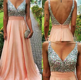 Pink Sparkly  Long Prom Dress V Back Evening Dress Formal Dress