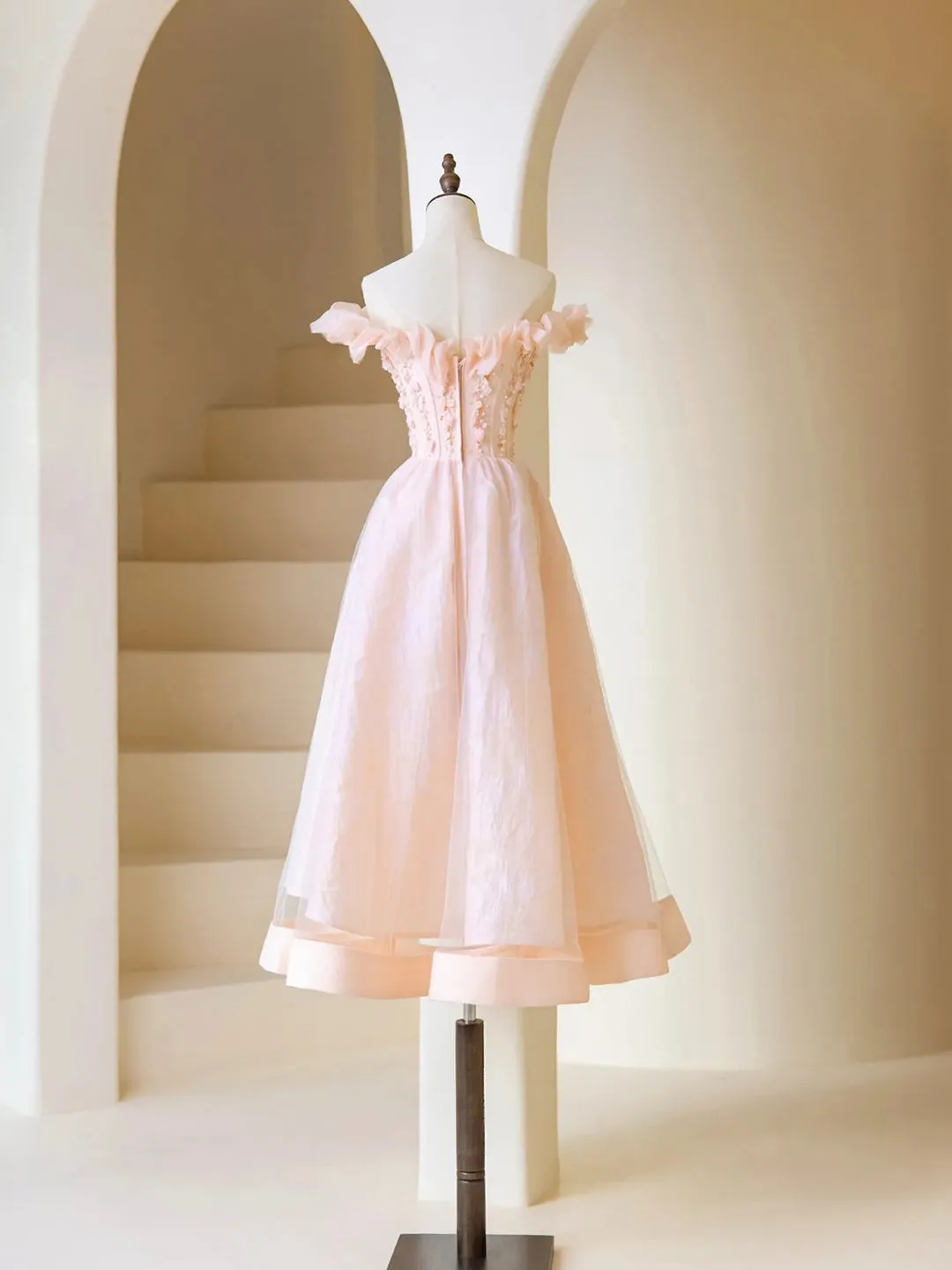 Pink Tulle Beaded Short Prom Dress, Beautiful Pink Off Shoulder Evening Party Dress