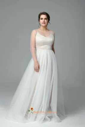 Plus Size Illusion Long Sleeve Swiss Soft Tulle Wedding Dress