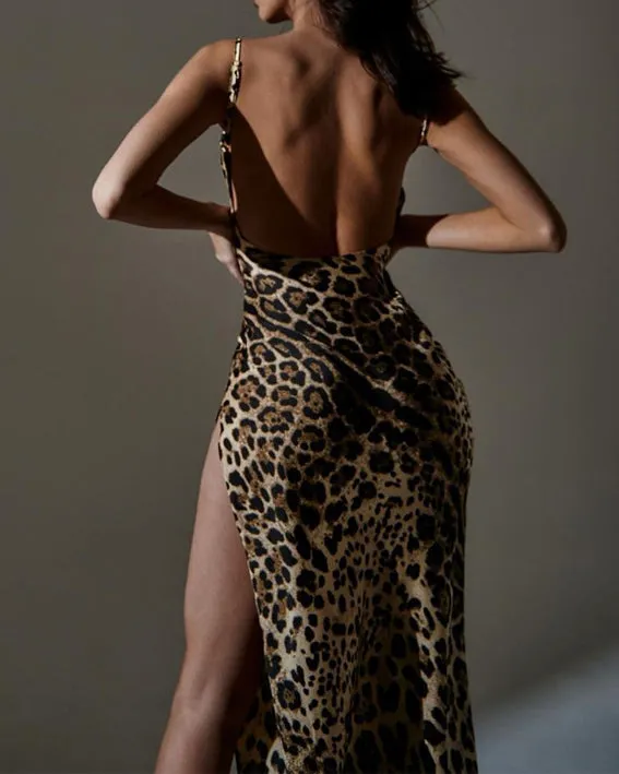 Printed Sexy Backless Slit Suspender Dress