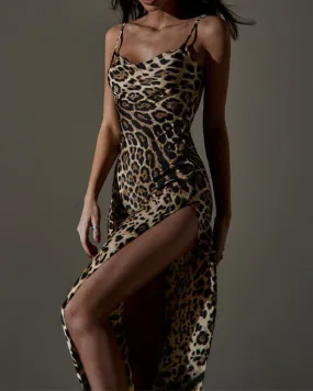 Printed Sexy Backless Slit Suspender Dress