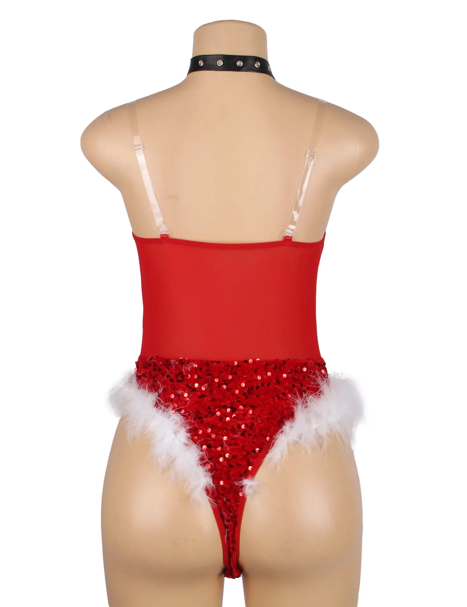 Red Christmas Sexy Plush Sequin Bodysuit